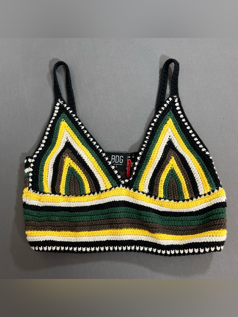 BDG Crocheted Stripe Bralette in Black, Yellow & Green - Picture 1 of 6